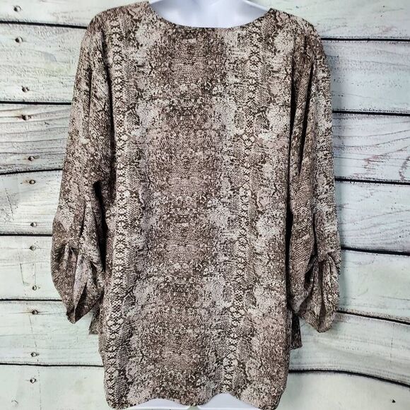 DR2 by Daniel Rainn Women’s XL Snake Print Blouse Brown Beige V-Neck Tunic Top - Picture 4 of 7